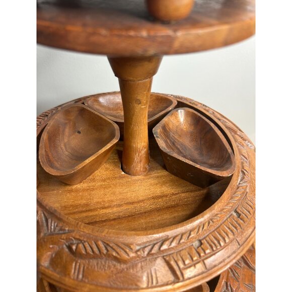 3 tired lazy Susan MCM mid century modern wooden hand carved money pod pineapple - Picture 3 of 9